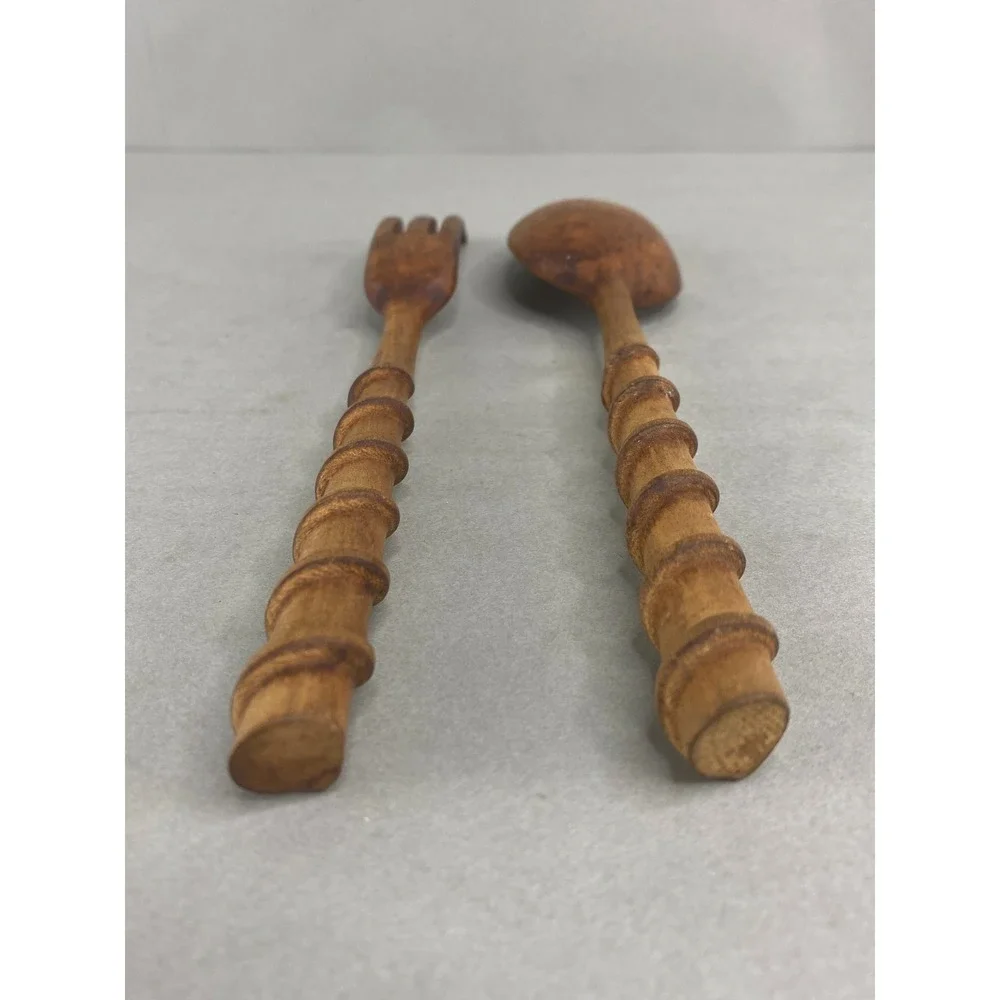 Wooden Salad Servers Rustic Spiral Hand Carved Spoon Fork‎ Set 10